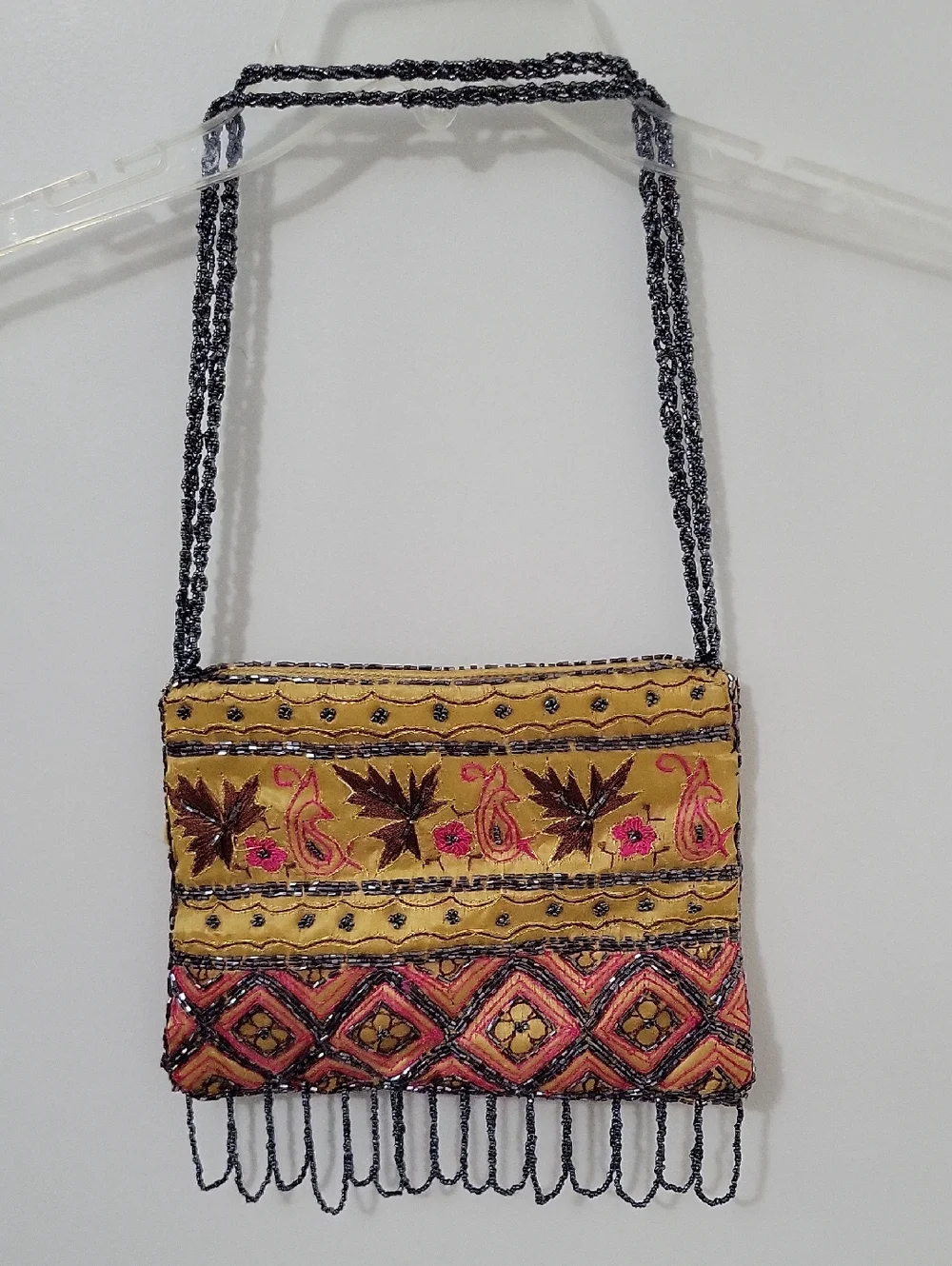 Embroidered Gold Boho Shoulder Bag with Beaded Fringe